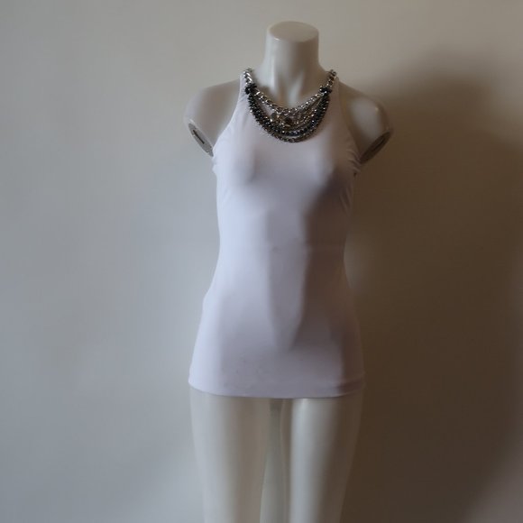 WOMENS CHRISTINA MAKOWSKY WHITE SILVER-TONED JEWELED NECK TOP XS * - Picture 2 of 16